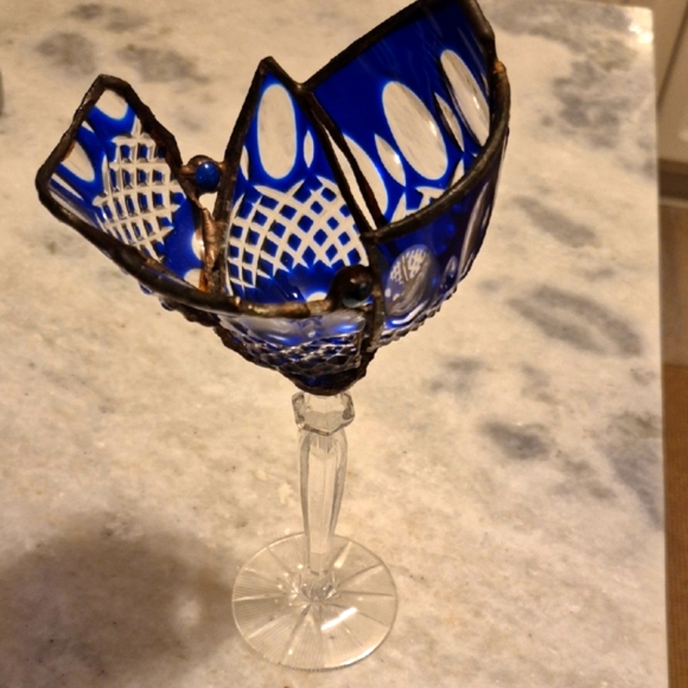 Vintage Blue and Silver Art Glass Chalice
